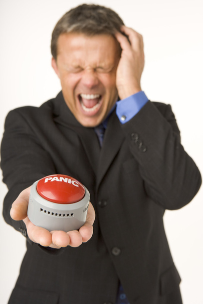 Businessman Holding A Panic Button - Фото, зображення