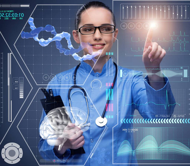 Doctor in futuristisch medisch concept druk op knop - Foto, afbeelding