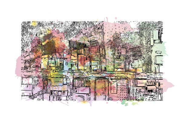 Vytisknout Pohled na budovu s orientačním bodem Cartago je město v Kostarice. Akvarelové stříknutí s ručně kresleným náčrtem ilustrace ve vektoru. - Vektor, obrázek