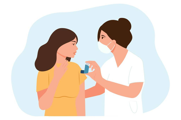 Bronchial asthma diagnosis, treatment and medicine, shortness of breath, respiratory attack, allergy cough.Doctor and patient.Asthma inhaler against attack. Vector illustration - Vector, Image