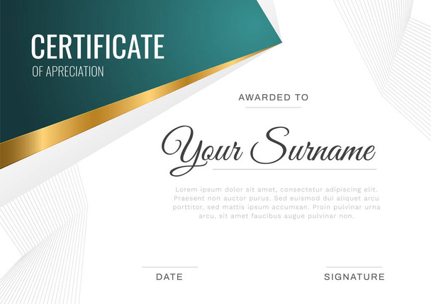 Certificate of appreciation template, gold and gradient tail color. Clean modern certificate border template with luxury and modern line pattern. Diploma vector template - Vektor, kép