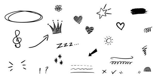 hand drawn set of curly swishes, swashes, swoops. Abstract arrows,  Arrow, heart, love, star, leaf, sun, light, crown, king, queen, on doodle style for concept design. vector illustration. - Vector, Image