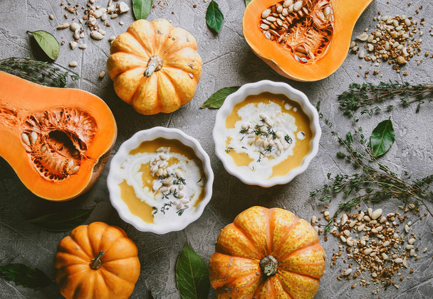 Pumpkin soup, On a gray background with pumpkins, Autumn atmosphere, Top view, Selective focus  - Fotografie, Obrázek
