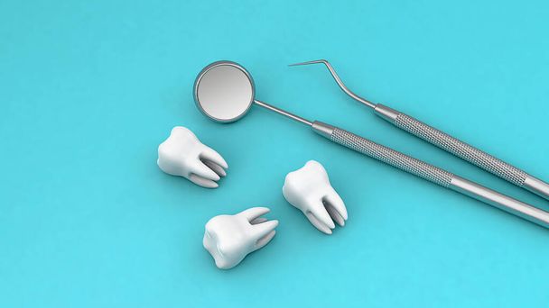 Зубы и стоматологический инструмент. Зеркало зубов и крючок на зеленом фоне. 3D рендеринг - Фото, изображение