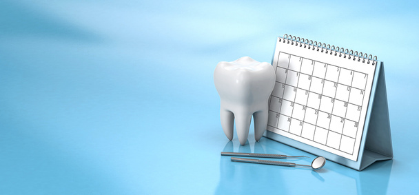 歯科医を訪問するための注意カレンダー。歯医者の予約を。青の背景に歯と歯の鏡でカレンダー。テキストのスペースをコピーします。3Dレンダリング - 写真・画像