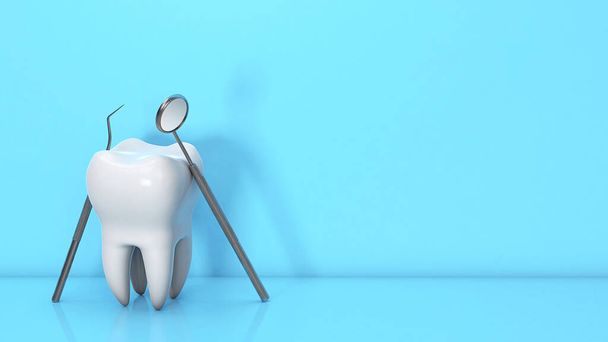 Zubní a zubní nástroje. Zubní zrcátko a hák se zuby na modrém pozadí. Kopírovat prostor pro text. 3D vykreslení - Fotografie, Obrázek