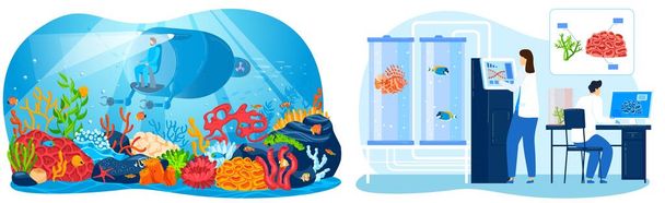 Underwater sea research, vector illustration, flat man character use aquatic equipment to explore marine nature, modern submarine in deep ocean - Vector, Image
