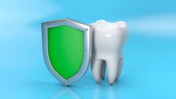 Ząb i tarcza. Ochrona zębów. 3d renderowanie - Zdjęcie, obraz