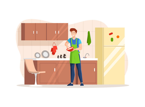 Happy man kneads pancake dough at kitchen. Male cooking domestic dessert food turning kneading dough. Preparation homemade baking at cuisine. People cooking in kitchen cartoon vector illustration - Vektor, kép