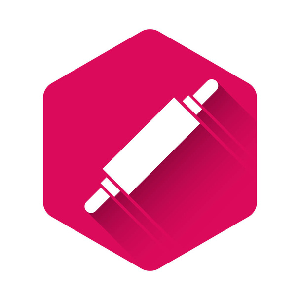 Icône Rolling pin blanche isolée avec une ombre longue. Bouton hexagonal rose. Illustration vectorielle - Vecteur, image