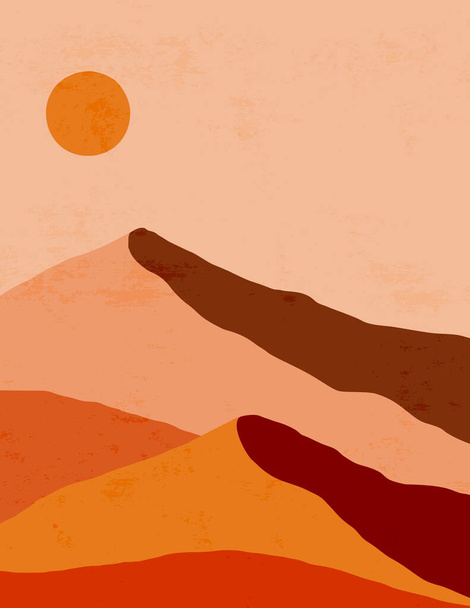 Абстрактний пейзаж гір і Сонця в мінімальному стилі Тренді. Векторне тло в оранжевих кольорах - Вектор, зображення