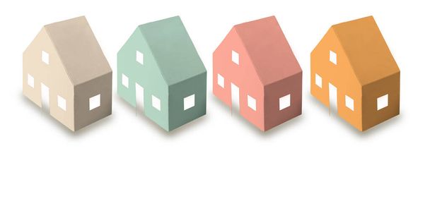 Das Konzept der Hypotheken- und Mietwohnungen und Immobilien. Hypothekenkredite. Bunt verstreute Papierhäuser auf weißem, isoliertem Hintergrund. Banner format. Kopierraum - Foto, Bild
