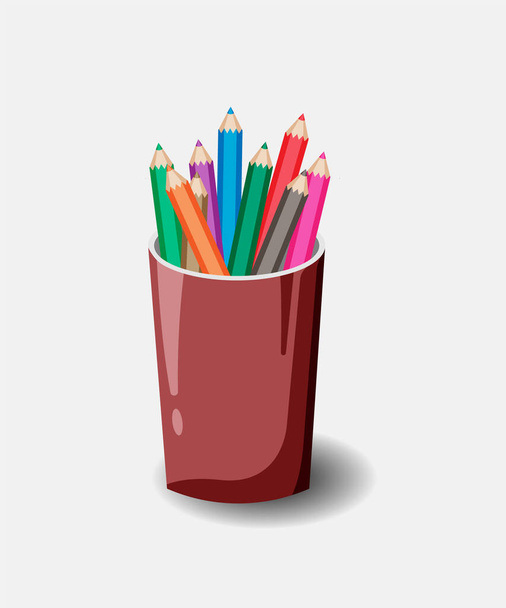 Colored pencils in a glass in a flat illustration style. Isolated color pencils vector on white background - Vector, Imagen