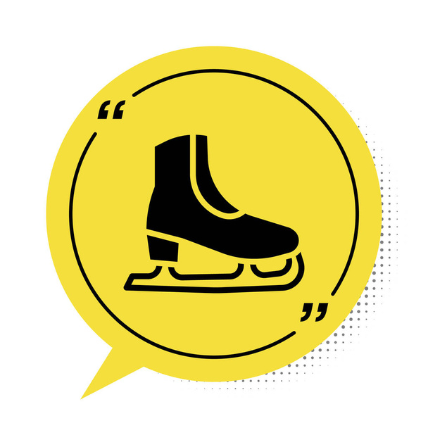Icono de Black Skates aislado sobre fondo blanco. Icono de zapatos de patín de hielo. Botas deportivas con cuchillas. Símbolo amarillo de burbuja. Vector - Vector, Imagen