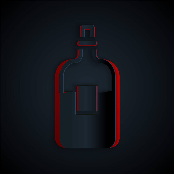 Paper cut Glass bottle of vodka icon isolated on black background. Paper art style. Vector - Vector, Image