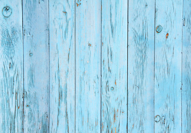 Texture of vintage wood boards with cracked paint of cyan and blue color. Horizontal retro background with old wooden planks  - Фото, зображення