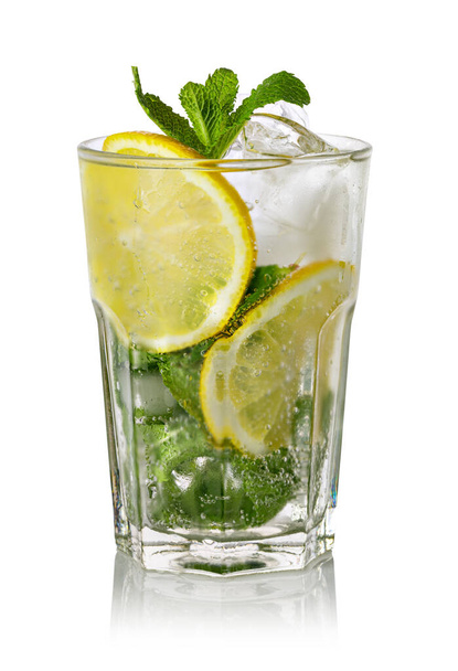 Glass of fresh lemonade on white background - Foto, Imagen