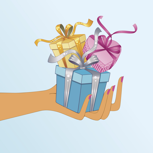 weibliche Hand mit 3 Geschenkboxen - Vektor, Bild