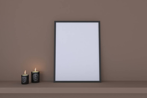 A closeup shot of a black frame with candles on a brown wall background - 写真・画像