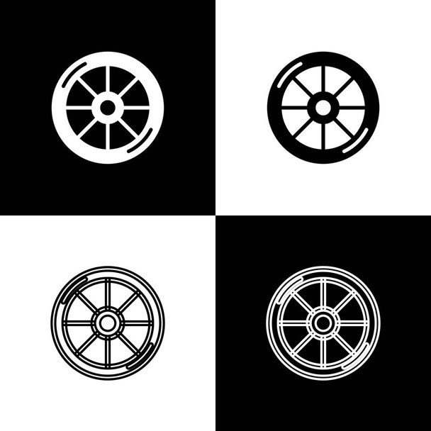 Zestaw ikona koła rowerowego izolowane na czarno-białym tle. Wyścig rowerowy. Ekstremalny sport. Urządzenia sportowe. Wektor - Wektor, obraz