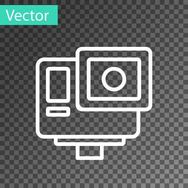 Fehér vonal Action extreme camera icon isolated on transparent background. Videokamera berendezések extrém sportok forgatásához. Vektor - Vektor, kép