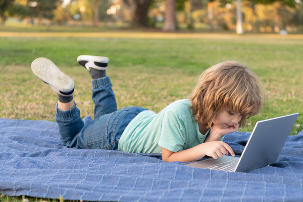 маленька дитина використовує сучасний бездротовий ноутбук на парковій траві, назад до школи
 - Фото, зображення