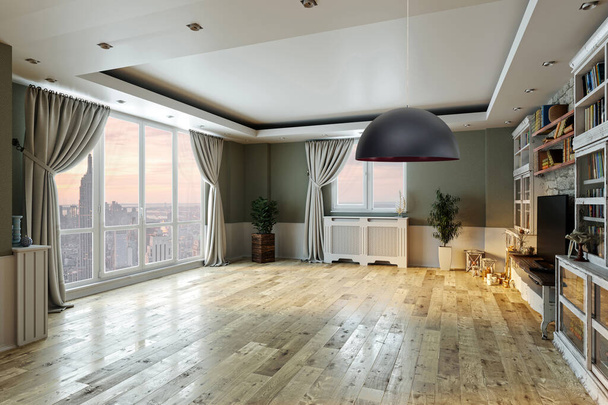 prázdný interiér obývací pokoj. balkon s velkými okny. Skandinávský styl. Televizní a knihovní. 3D ilustrace - Fotografie, Obrázek
