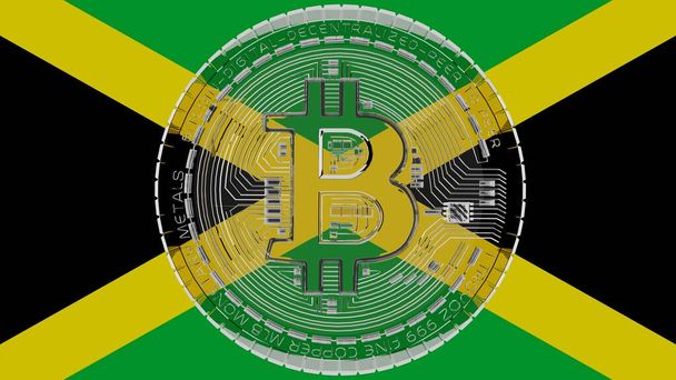 Grote transparante Glass Bitcoin in het centrum en op de top van de Country Flag van Jamaica - Foto, afbeelding