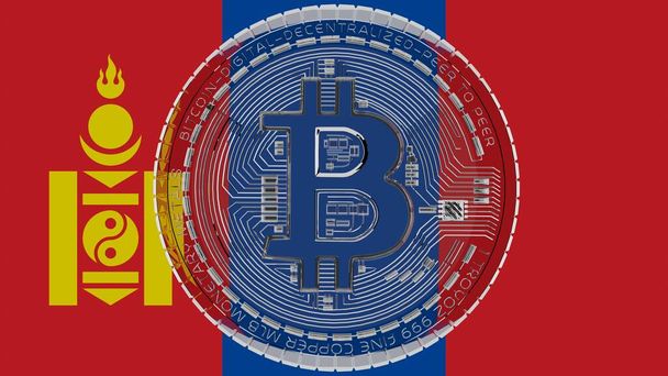 Großes transparentes Glas Bitcoin in der Mitte und auf der Landesflagge der Mongolei - Foto, Bild
