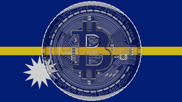 Μεγάλο διαφανές γυάλινο Bitcoin στο κέντρο και στην κορυφή της σημαίας της χώρας του Ναούρου - Φωτογραφία, εικόνα