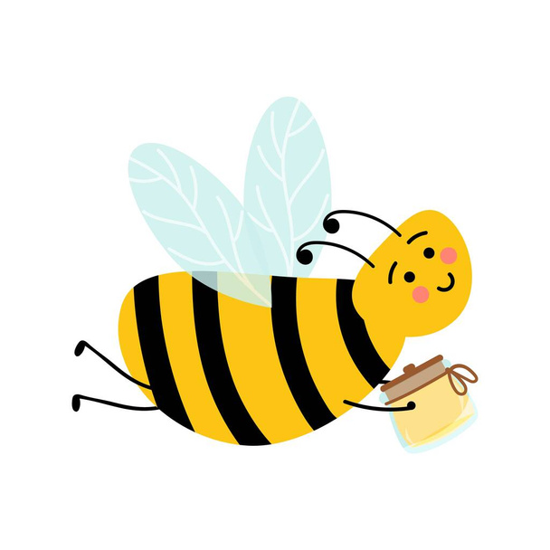 Abeja de la miel de dibujos animados personaje insecto mosca feliz ilustración. - Vector, Imagen