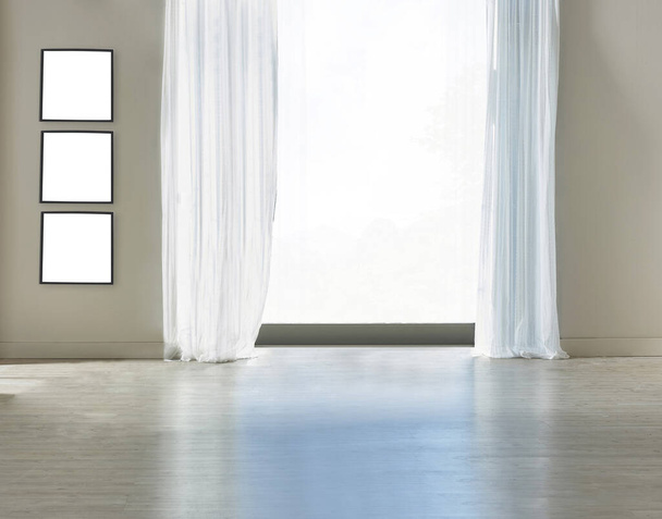 leerer Raum mit Betonwand und Holzböden, breites Fenster - Foto, Bild