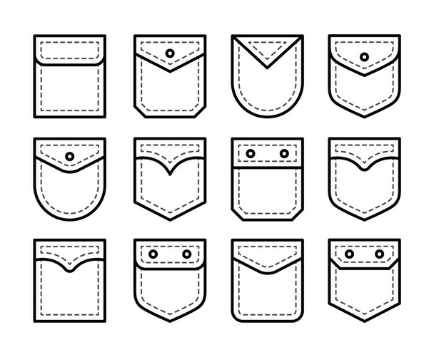Different shapes of simple flap pockets with button and top stitching. Men and women shirt, jean patch pockets. Casual garment. Line icon set. Vector illustration. Isolated objects on white background - Vector, Image