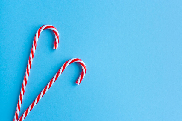 Christmas candy canes and fir branches flat lay - 写真・画像