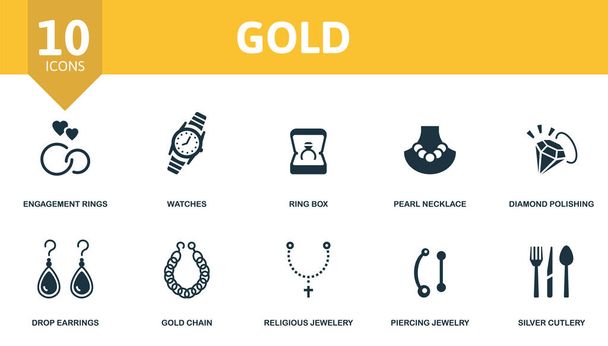 Gold icon set. Contains editable icons jewelery theme such as engagement rings, ring box, diamond polishing and more. - Vector, Image