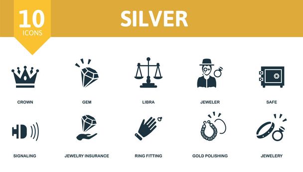 Silver icon set. Contains editable icons jewelery theme such as crown, libra, safe and more. - Vector, Image