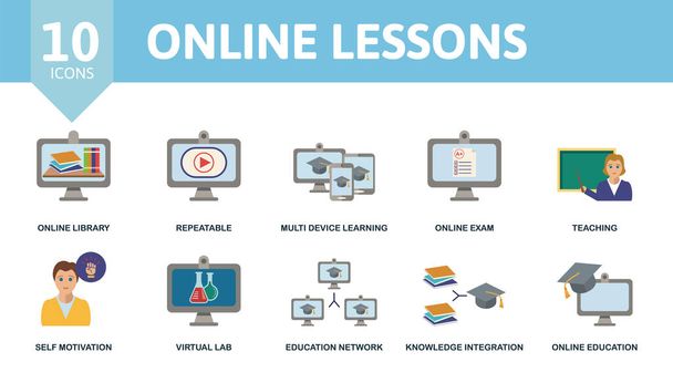 Set di icone delle lezioni online. Contiene icone modificabili tema educativo online come biblioteca online, apprendimento multi dispositivo, insegnamento e altro ancora. - Vettoriali, immagini