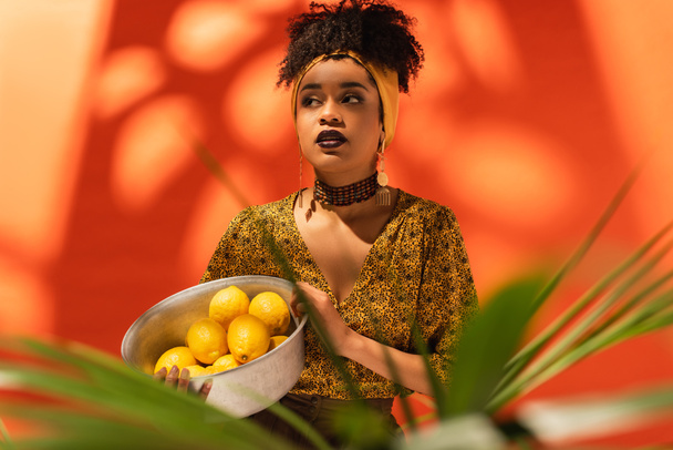アフリカ系アメリカ人の女性がオレンジにレモンを入れた金属製のボウルを持ち - 写真・画像