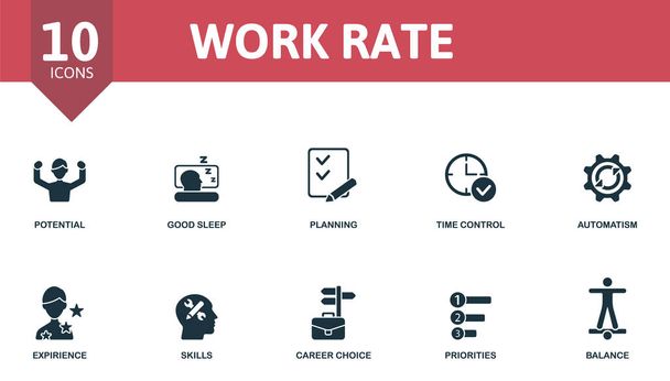 Conjunto de iconos Work Rate. Contiene iconos editables tema de productividad personal, tales como potencial, planificación, automatismo y más. - Vector, imagen