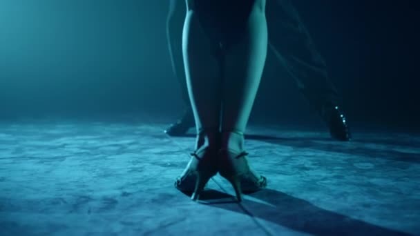 Két láb tangózik a színpadon. Táncosok lábai latin táncot járnak sötétben. - Felvétel, videó
