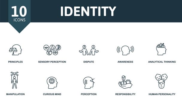 Személyazonosság ikon készlet. Tartalmaz szerkeszthető ikonok személyiség téma, mint az elvek, vita, analitikai gondolkodás és több. - Vektor, kép