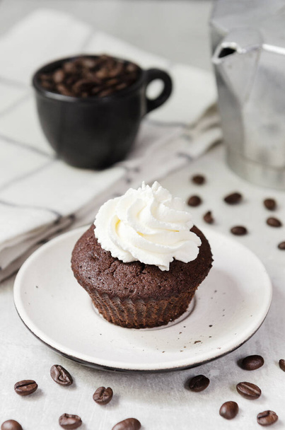 Double Chocolate Espresso Muffins with whipped cream - Φωτογραφία, εικόνα