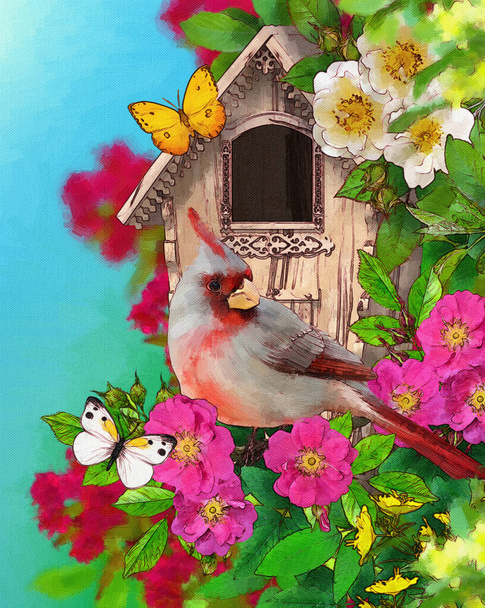 Spring, summer sunny bright background, cardinal bird sits on a branch of a blossoming pink rose hip, wild rose, greenery, wooden quorehouse, 3D rendering - Fotó, kép