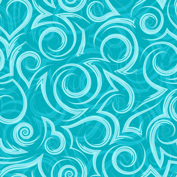 Vector turquoise geometric seamless pattern of flowing spirals curls and corners.Vector nautical geometric seamless texture of smooth and broken lines.Stylized turquoise pattern of water flow or waves - Vector, Imagen