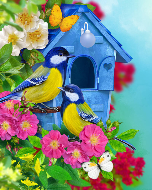 Spring, summer sunny bright background, two birds of a titmouse sits on a branch of a blossoming pink rose hip, wild rose, greenery, wooden quorehouse, 3D rendering - Valokuva, kuva