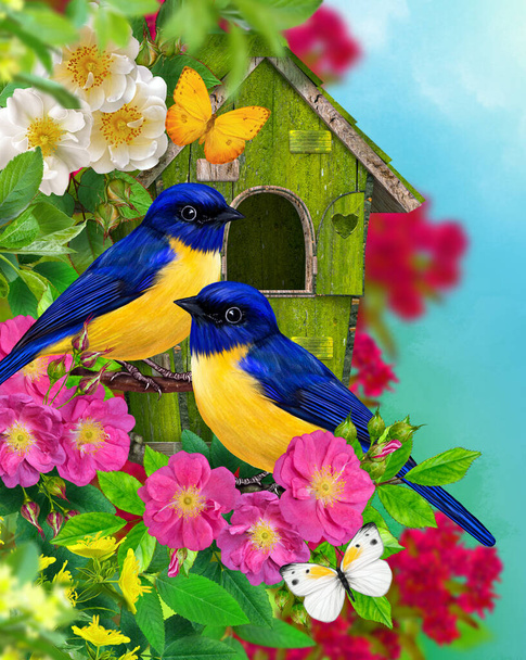 Spring, summer sunny bright background, two birds of a titmouse sits on a branch of a blossoming pink rose hip, wild rose, greenery, wooden quorehouse, 3D rendering - Фото, изображение