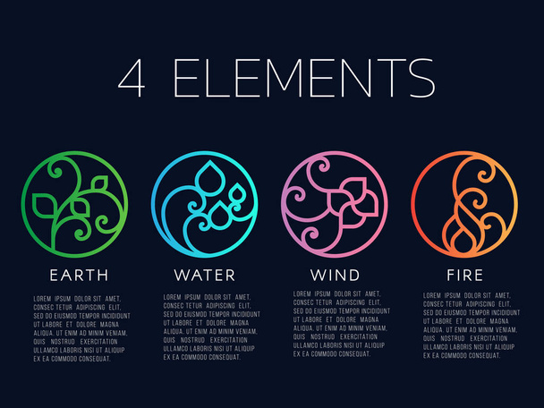 Natura 4 elementy w linii cewki abstrakcyjny znak koła ikony. Woda, ogień, ziemia, wiatr. konstrukcja wektora - Wektor, obraz