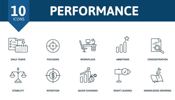Performance icon set. Contains editable icons productivity theme such as daily tasks, workplace, concentration and more. - Vector, Image