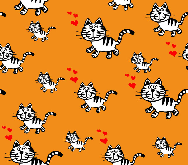 A cat drawn in black lines with red hearts on an orange background.Seamless pattern. - Photo, Image