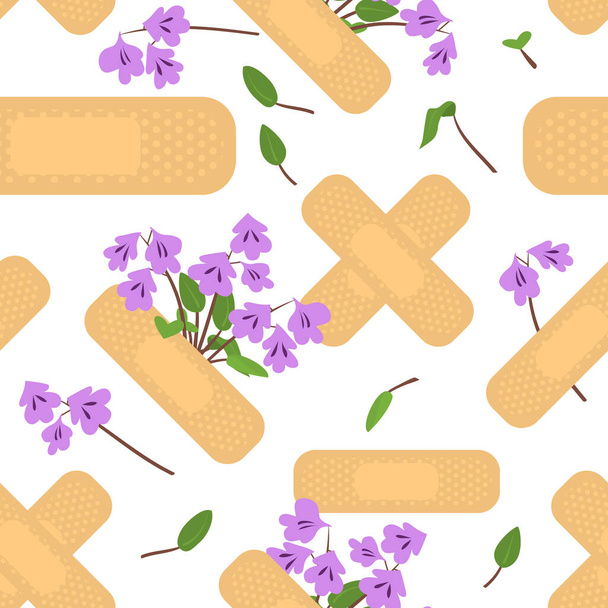 Seamless pattern with sticking plasters and purple flowers. Medical patch repeat texture. - Vector, Image